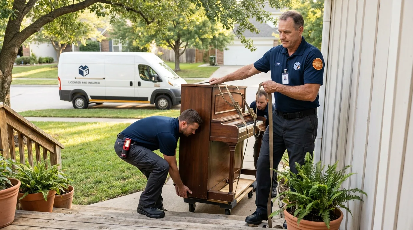 Licensed piano movers securing grand piano in Crystal Springs, MS