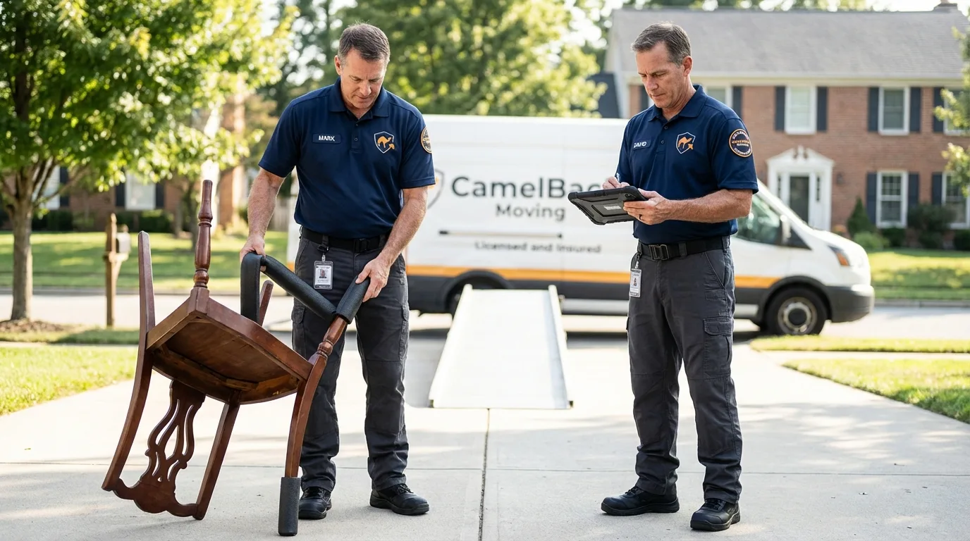 Movers inspecting furniture for damage prevention before loading in Crystal Springs, MS