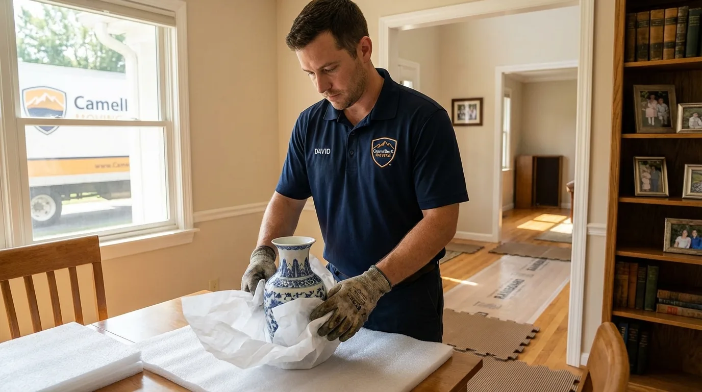 Professional crew carefully wrapping antique vase for senior downsizing move in Crystal Springs, MS